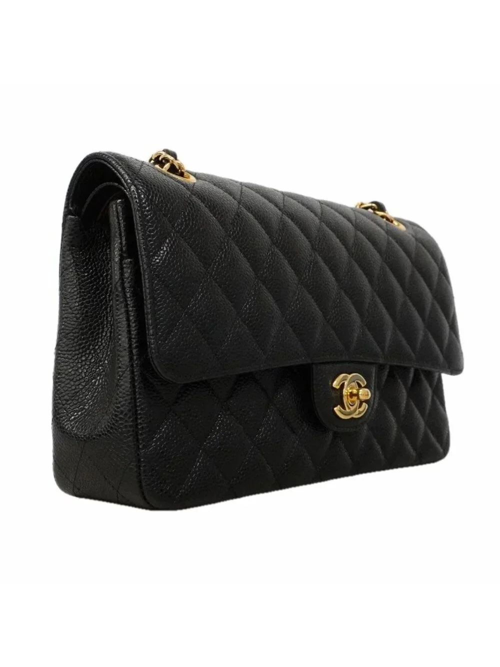 Chanel Shoulder Bag Quilted Caviar Leather Black Gold